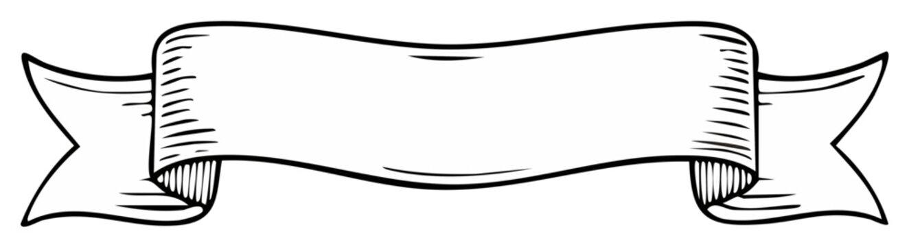 Ink drawn ribbon banner illustration, blank scroll with a blank space for text, vintage decorative design elements