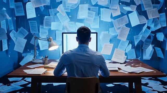 Man working at desk surrounded by floating papers