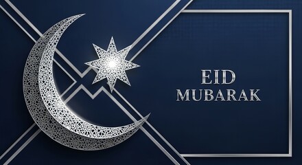 A festive Eid Mubarak greeting card with a crescent moon and star design on a dark blue background