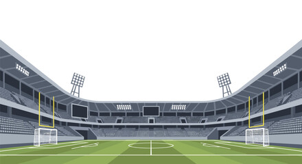 Fototapeta premium An empty football stadium interior viewed from the field level, featuring goalposts, stands, and towering light fixtures.