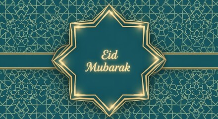 A festive Eid Mubarak greeting card with a gold and teal design