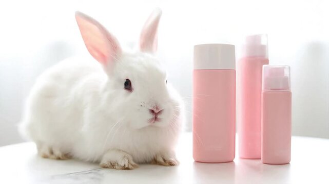 White rabbit with ethical beauty products, symbolizing cruelty-free skincare and natural well-being