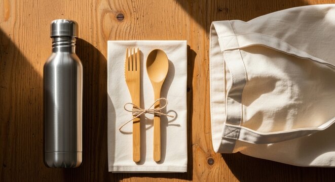 eco-friendly picnic setup with bamboo utensils on wooden table in sunlight