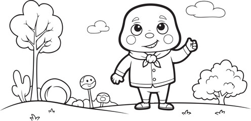 Obraz premium Cute cartoon character with scarf and hat, standing in a park with trees and clouds.