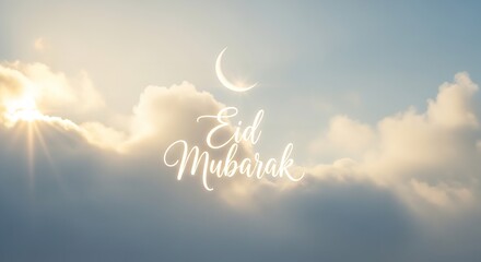 A serene sky with clouds and a crescent moon shining brightly with Eid Mubarak greeting
