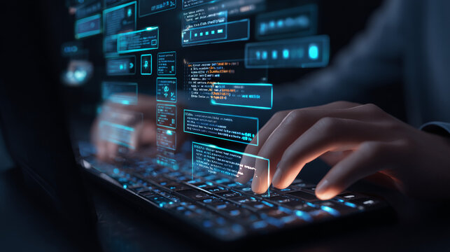 Programmer developer typing script source languages coding symbols  icon development project data programming software engineering IT technologies computer. 3d rendering.