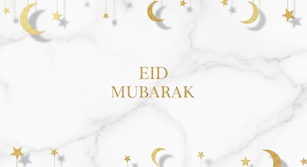 A festive Eid Mubarak greeting card with a white marble background and gold decorations