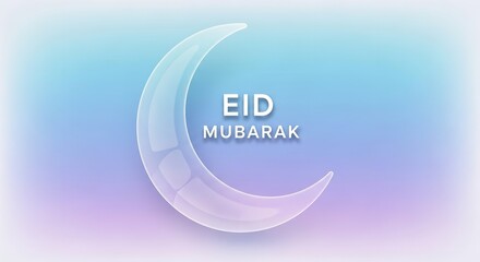 A colorful Eid Mubarak greeting card with a crescent moon design
