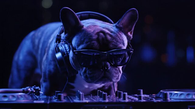French bulldog DJ wearing headphones and sunglasses on the DJ equipment