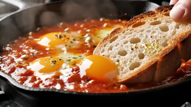 Shakshuka eggs poaching in tomato sauce with bread dipping 4K Video
