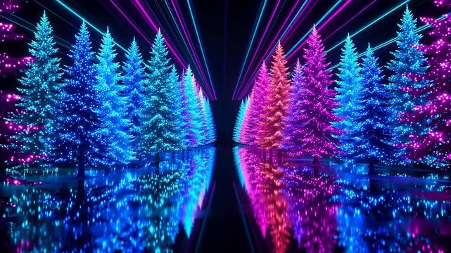 Neon lit Christmas trees in reflection