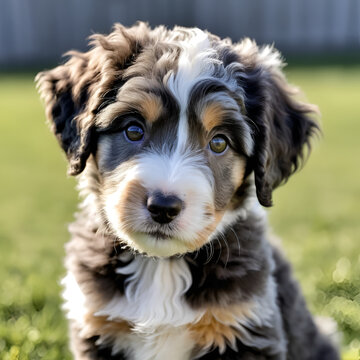 A small, fluffy merle-colored Aussiedoodle puppy tilts its head and gazes curiously out of the frame, its big brown eyes shining with innocence.