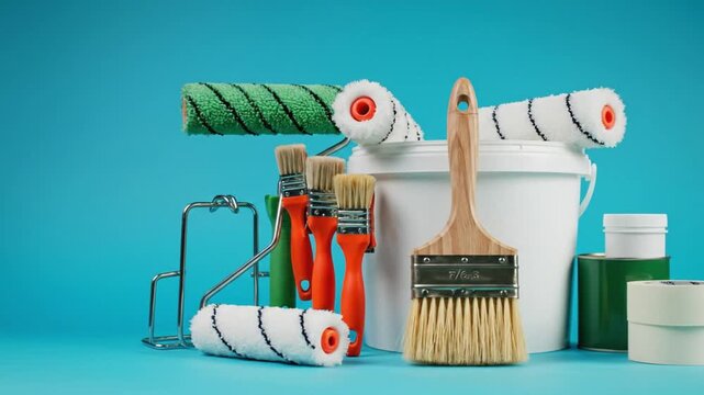 Painting tools arranged with brushes, rollers, and a bucket on a vibrant blue background, showcasing a colorful setup for home improvement projects