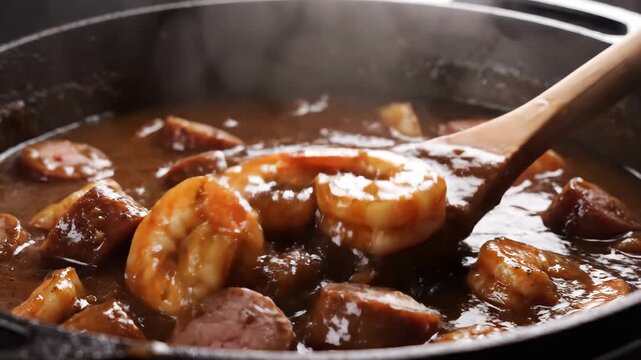 Shrimp and sausage gumbo simmering in pot being stirred 4K Video