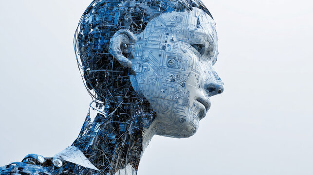 AI humanoid head side view, machine learning, neural network, Artificial Intelligence (AI) technology innovation background.