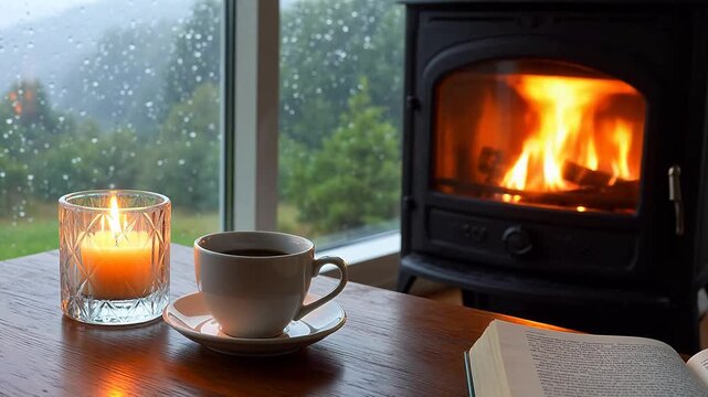 Cozy indoor scene with fireplace and coffee