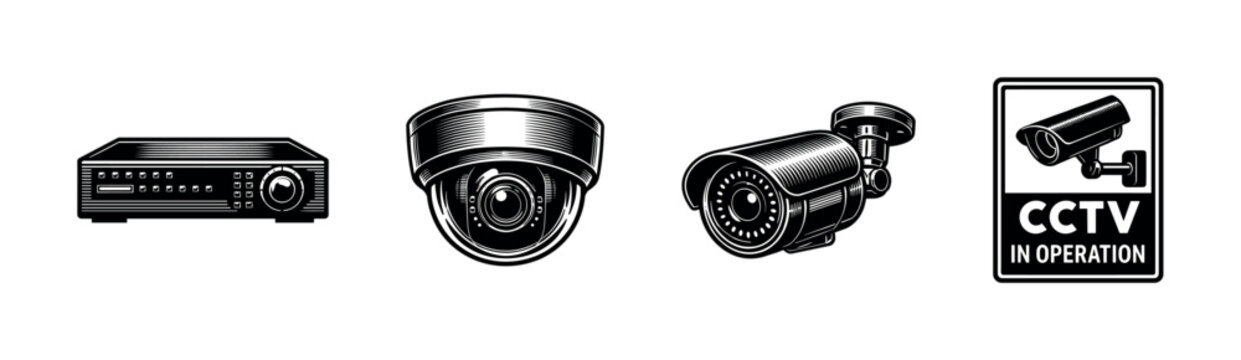 Cctv surveillance equipment. flat vector illustrations of security cameras and monitoring devices.