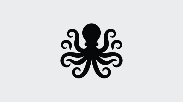 Stunning black octopus silhouette with curled tentacles on white background