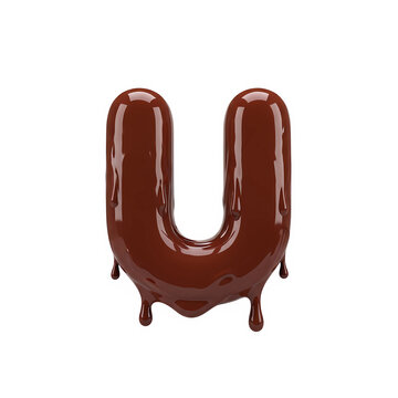 3D  typography Realistic letter U made of dark chocolate. Liquid chocolate texture with drips, glossy sheen and splash. Single object on clean white background. Confectionery design
