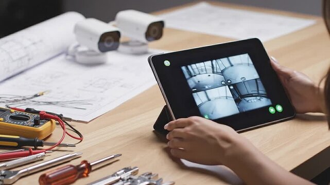 Woman interacts with tablet displaying security camera feeds while surrounded by tools and blueprints on a wooden workspace in a modern indoor setting