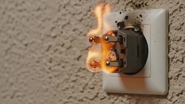 Electrical outlet with plug igniting flames and smoke, showcasing a dangerous electrical malfunction in a residential setting