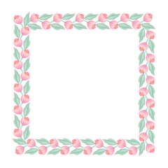 A soft and delicate watercolor illustration of a pink flower with green and purple leaves. The vibrant pastel tones make it perfect for invitations, stationery, and other floral-themed designs.