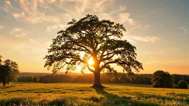 Solitary tree in field at sunset