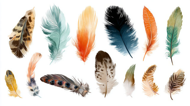 Set of a variety of feathers - brushes, vector, isolated on white background.