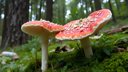 Russula emetica, commonly known as the sickener, emetic russula, or vomiting russula mushroom with forest trees in the background