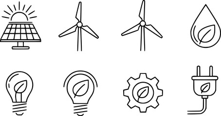 Naklejka premium Renewable Energy Linear Icons Set Solar Panel Wind Turbine and Water Drop Vector 