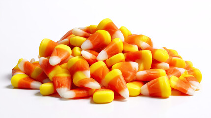 A close-up studio shot on a pure white background features a large pile of candy corn.