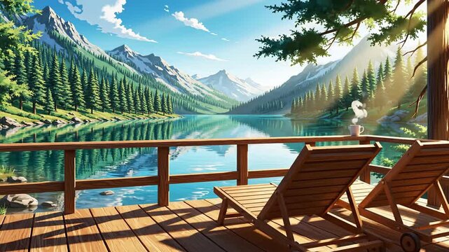 Serene mountain retreat view from a wooden deck featuring two empty lounge chairs and a steaming mug overlooking a clear blue lake and majestic peaks. Ideal for travel and wellness promotion.
