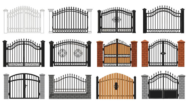 Extensive collection of ornamental gate designs featuring various metal wrought iron and wooden styles for home security.