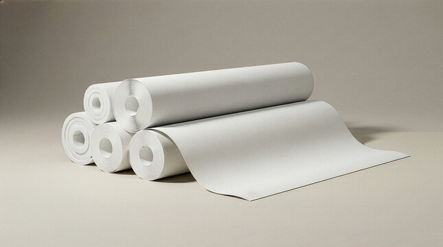 Stacked rolls of light beige textured wallpaper ready for home decoration projects on a clean studio background