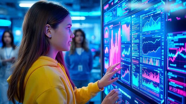 Woman interacting with digital data display