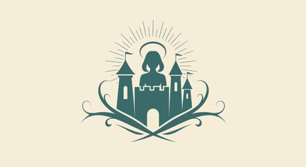 Naklejka premium Green castle emblem with halo illustration