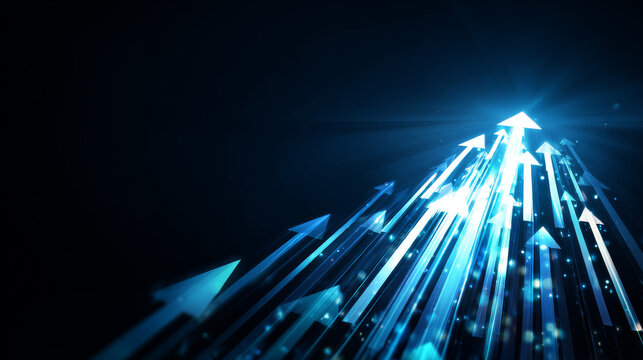 Arrows growth technology background with blue futuristic, glowing lines and digital innovation. success pathway, business development, leadership and the road to achievement.