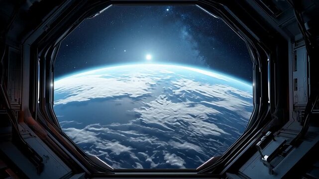 View of Earth from spacecraft window with stars and atmosphere, space exploration and orbit concept scene