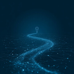 Road to 2025, location indicator at the end of the path. Polygonal design of lines and dots. Blue background.