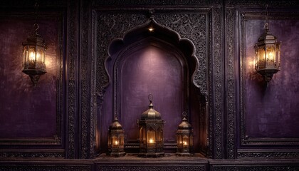 Ornate, dark wood paneling frames an arched niche illuminated by glowing metal lanterns.