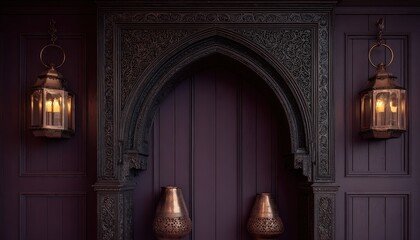 Ornate carved archway frames an interior wall decorated with hanging lanterns and metallic vases