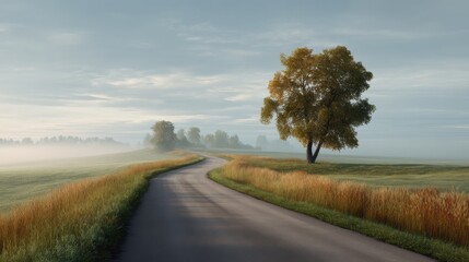 Serene Early Morning Landscape with Curving Road and Lone Tree Surrounded by Misty Fields and Golden Grass at Sunrise