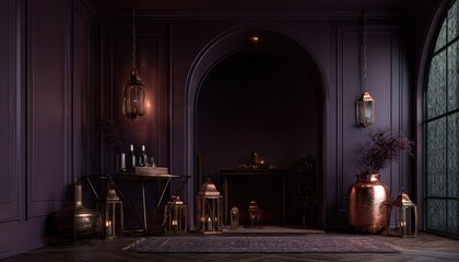 Elegant interior space features rich purple paneled walls and warm metallic accents illuminated by candlelight