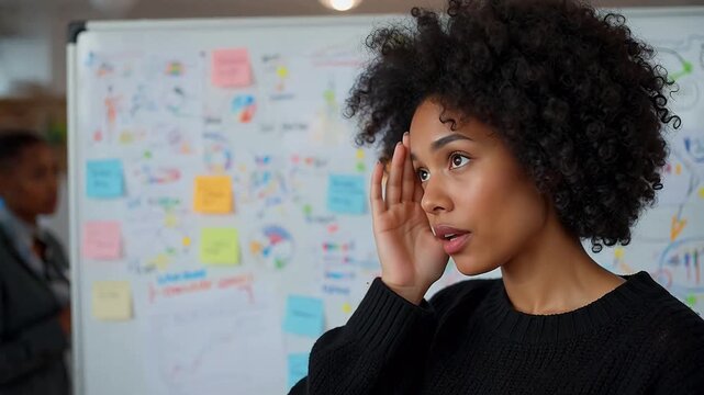 Woman in thoughtful pose near whiteboard