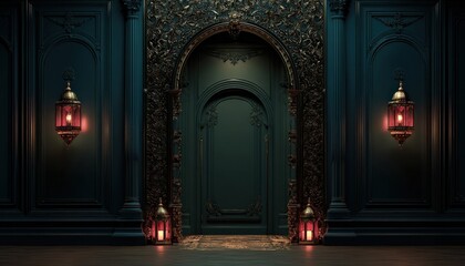 Ornate doorway framed by richly detailed dark teal paneling illuminated by glowing lanterns provides a moody atmosphere.