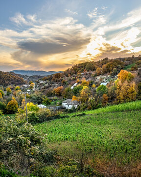 Traditional pomak villages Ano Vyrsini and Organi near the Rodopi mountains region, Komotini and Xanthi Greece, Basma tobacco cultivation, beautiful landscape, wind turbines