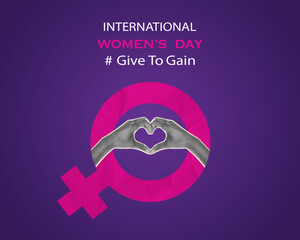 International Women&rsquo;s Day poster with heart hands inside pink female symbol and Give To Gain slogan.