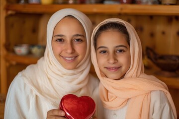 Two smiling females wearing head coverings hold a bright red heart shaped container indoors