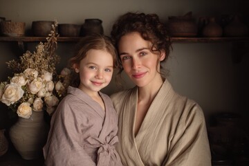 Adult woman and young girl smile together wearing comfortable robes in a warmly lit interior setting
