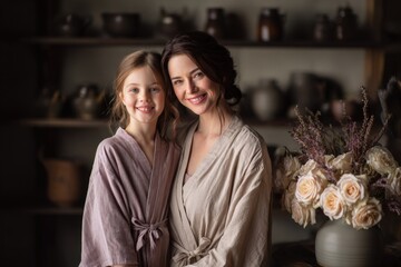 Happy mother and daughter wearing comfortable robes pose closely together indoors near a floral arrangement.